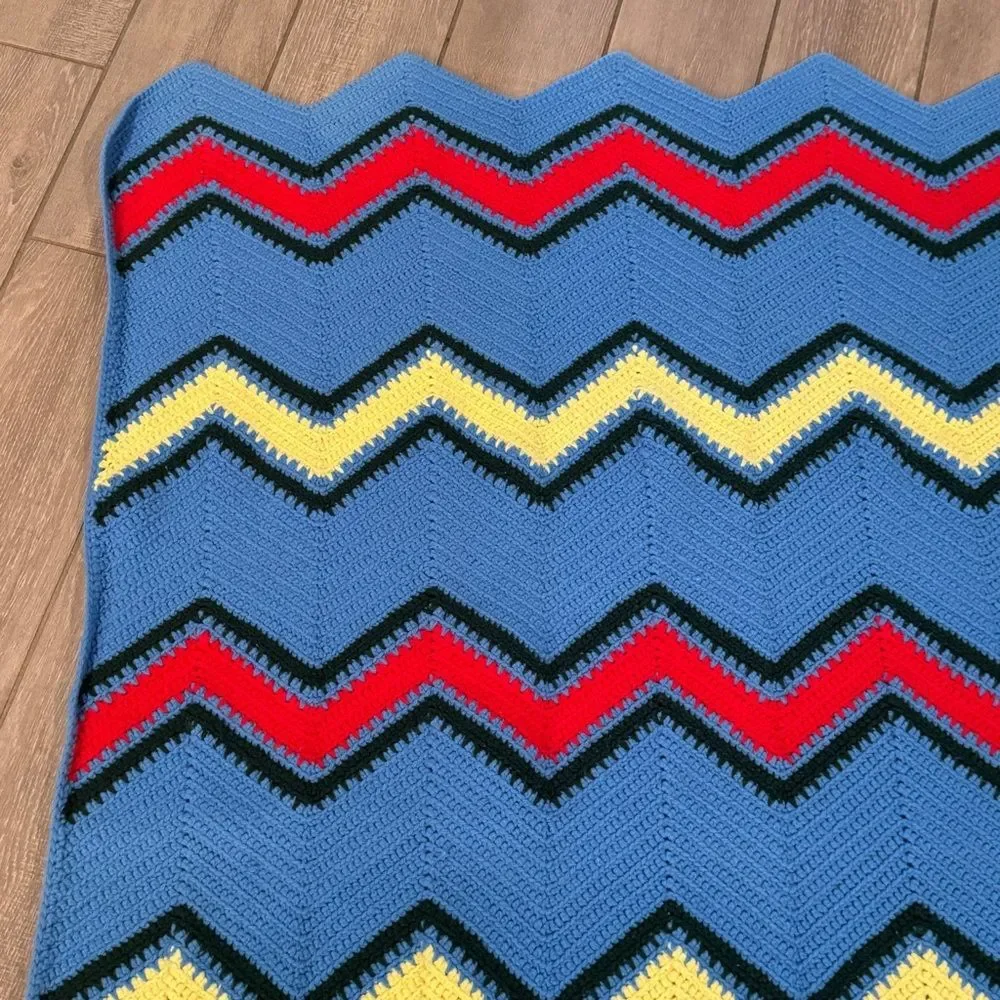 Blue Red Yellow Chevron Afghan Throw Blanket Handmade 55x52